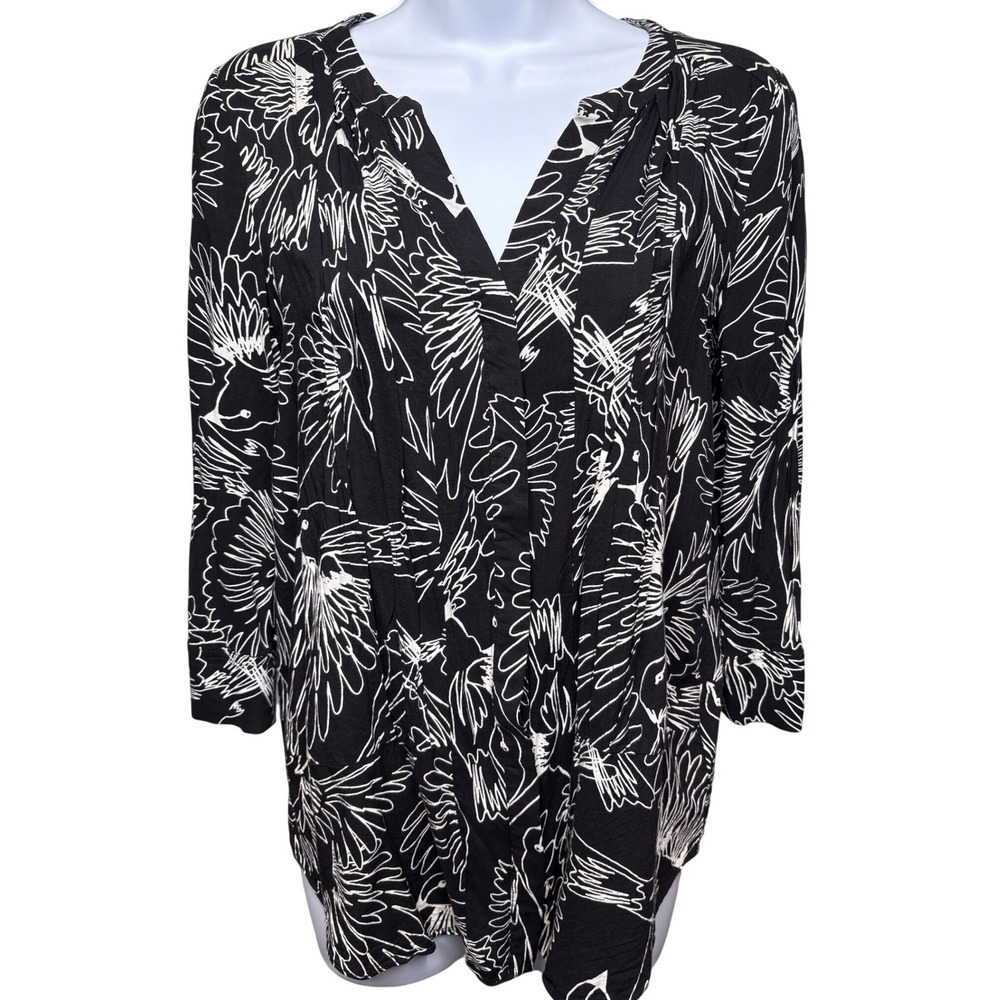 MAEVE Womens Black Bird Print Pleated Tunic Blouse Sz 2 Flowy Whimsigoth Boho